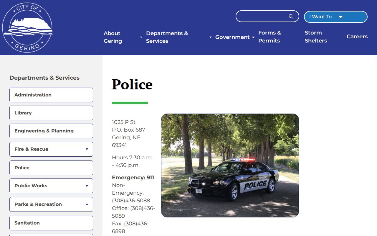 Gering Police page describing the public INMATES and WARRANTS portal menus